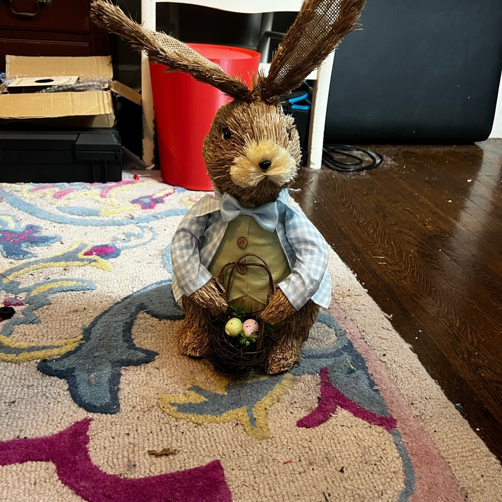 Easter Bunny Figurine with Basket and Pastel Eggs